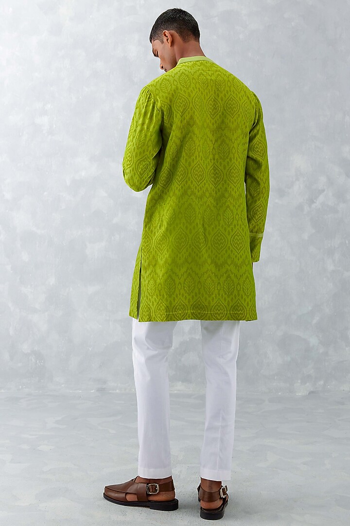 Green Silk Chanderi Ikat Printed Kurta Set by Devnaagri Men at Pernia's Pop Up Shop