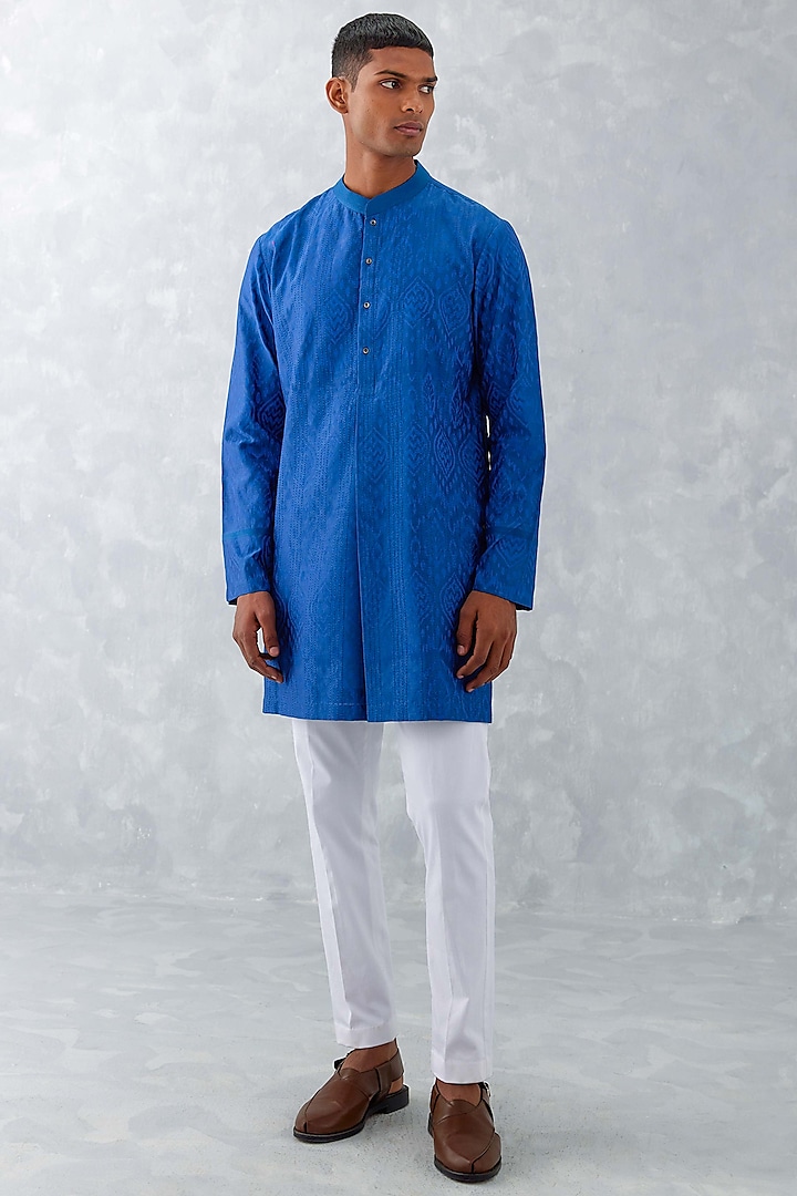 Blue Silk Chanderi Ikat Printed Kurta Set by Devnaagri Men