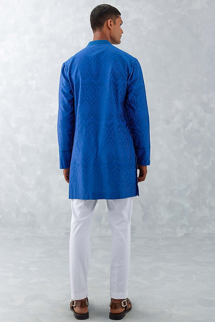 Blue Silk Chanderi Ikat Printed Kurta Set by Devnaagri Men at Pernia's Pop Up Shop