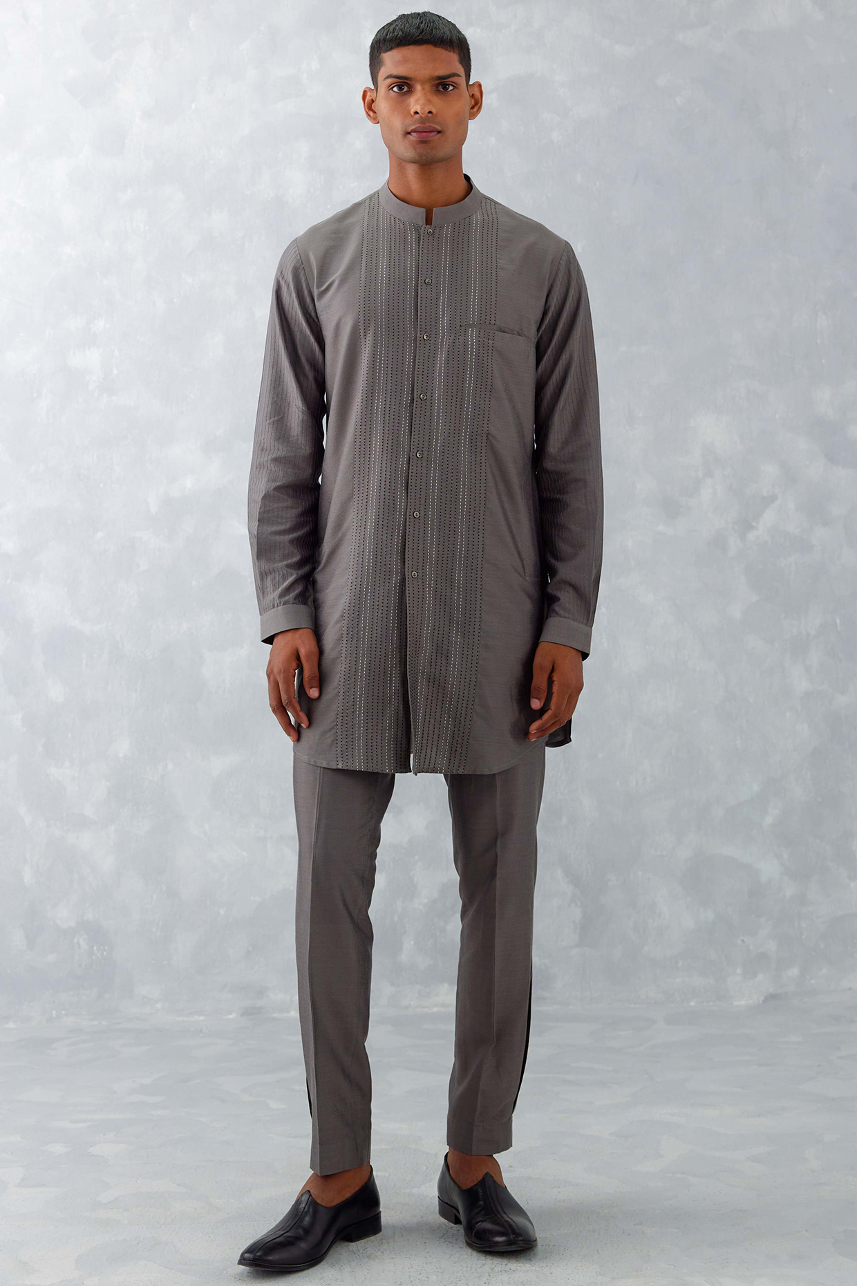 Grey Cotton Silk Blend Pintuck Kurta Set by Devnaagri Men