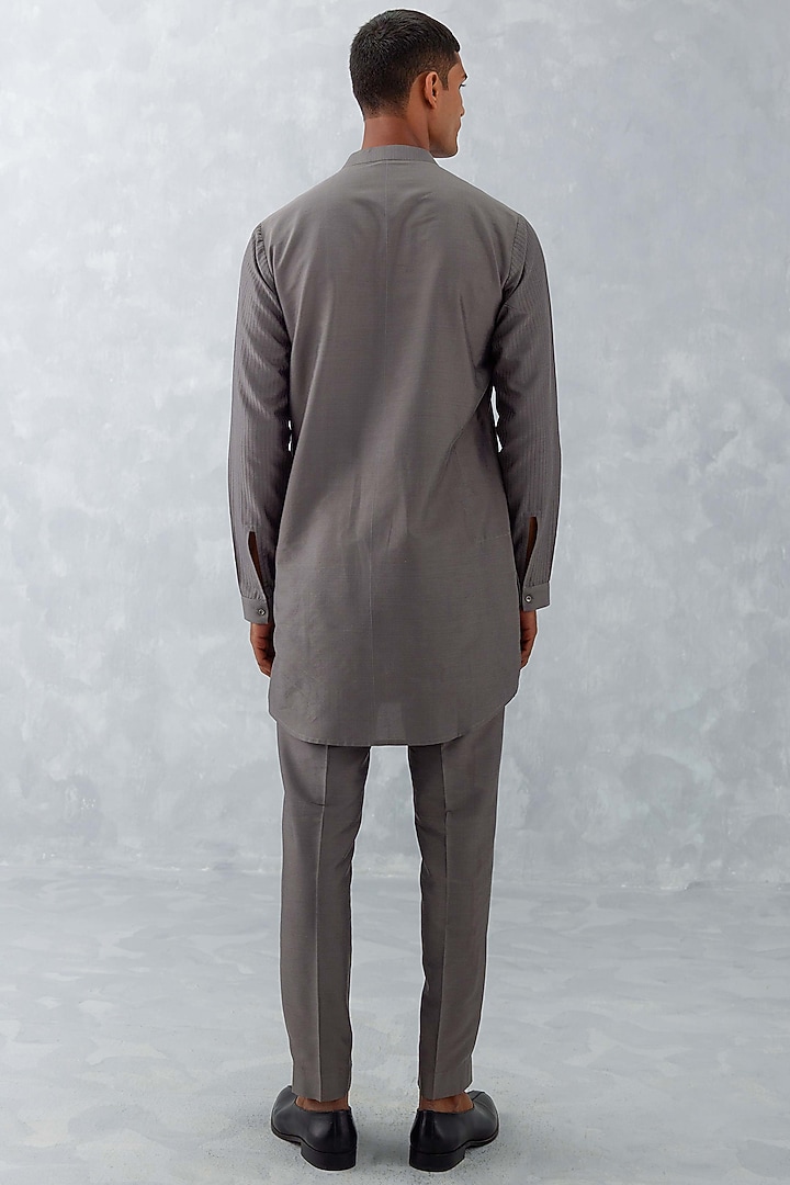 Grey Cotton Silk Blend Pintuck Kurta Set by Devnaagri Men at Pernia's Pop Up Shop