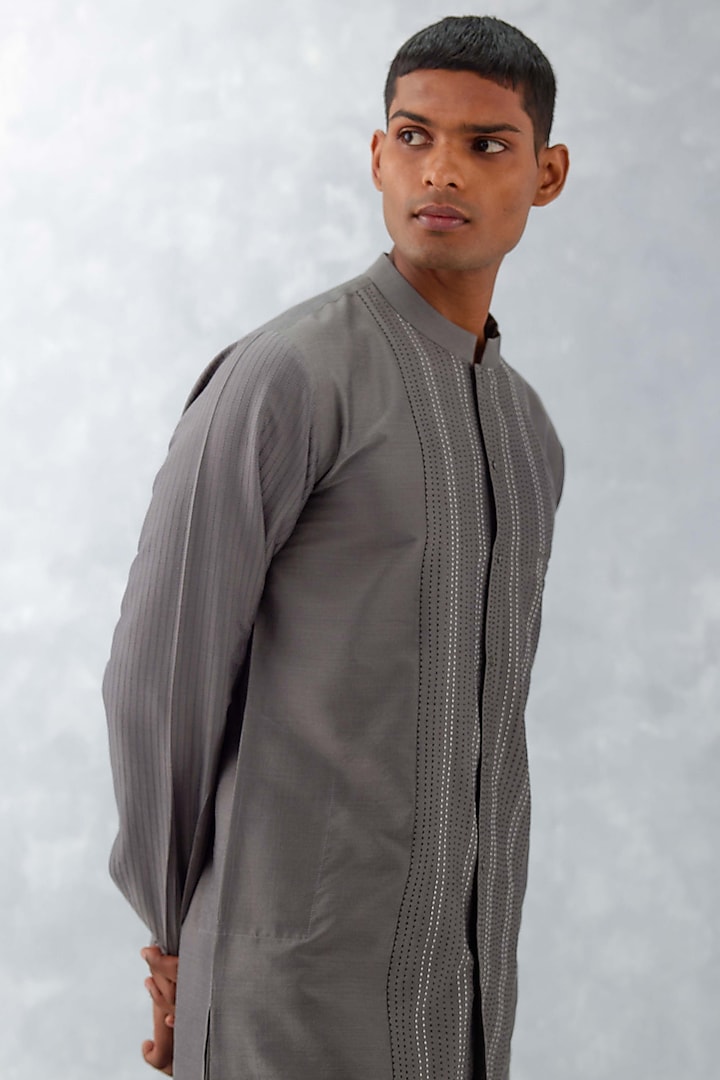 Grey Cotton Silk Blend Pintuck Kurta Set by Devnaagri Men at Pernia's Pop Up Shop