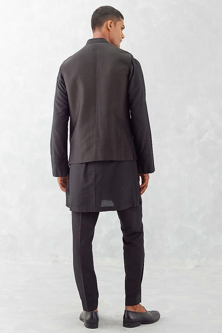 Black Linen Satin Bundi Jacket Set by Devnaagri Men at Pernia's Pop Up Shop