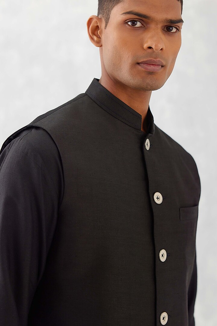 Black Linen Satin Bundi Jacket Set by Devnaagri Men at Pernia's Pop Up Shop