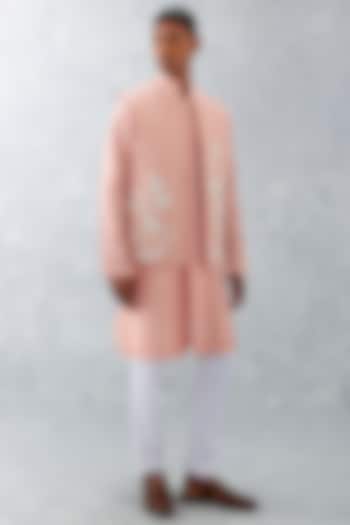 Blush Pink Linen Satin Embroidered Bundi Jacket With Kurta Set by Devnaagri Men
