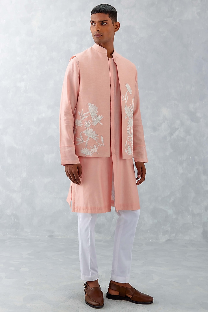 Blush Pink Linen Satin Embroidered Bundi Jacket With Kurta Set by Devnaagri Men