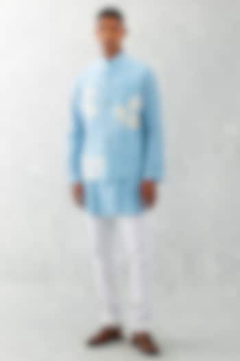 Sky Blue Linen Satin Embroidered Bundi Jacket With Kurta Set by Devnaagri Men