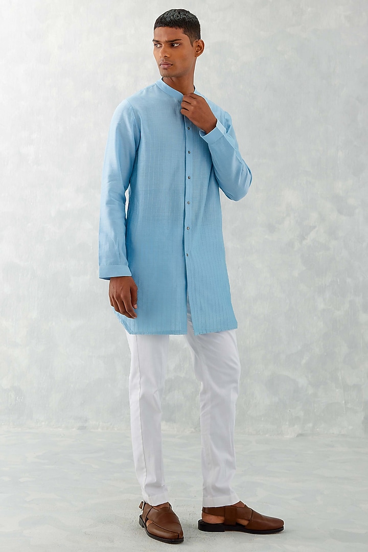 Sky BLue Linen Satin Thread Embroidered Bundi Jacket Set by Devnaagri Men at Pernia's Pop Up Shop