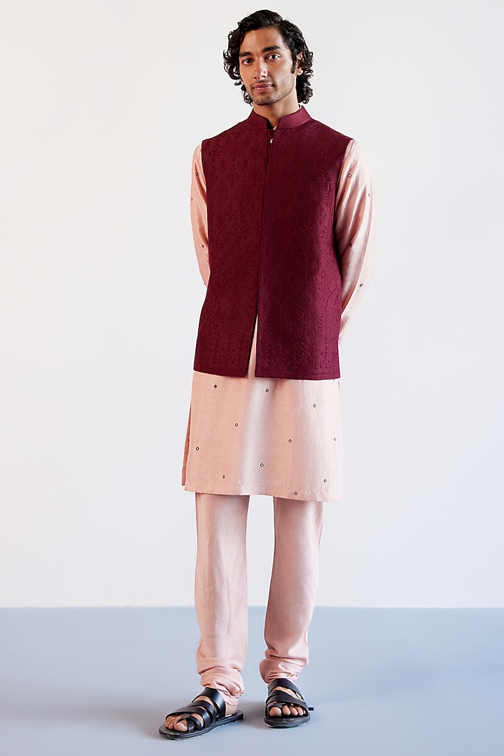 Maroon Linen Satin Embroidered Bundi Jacket Set by Devnaagri Men