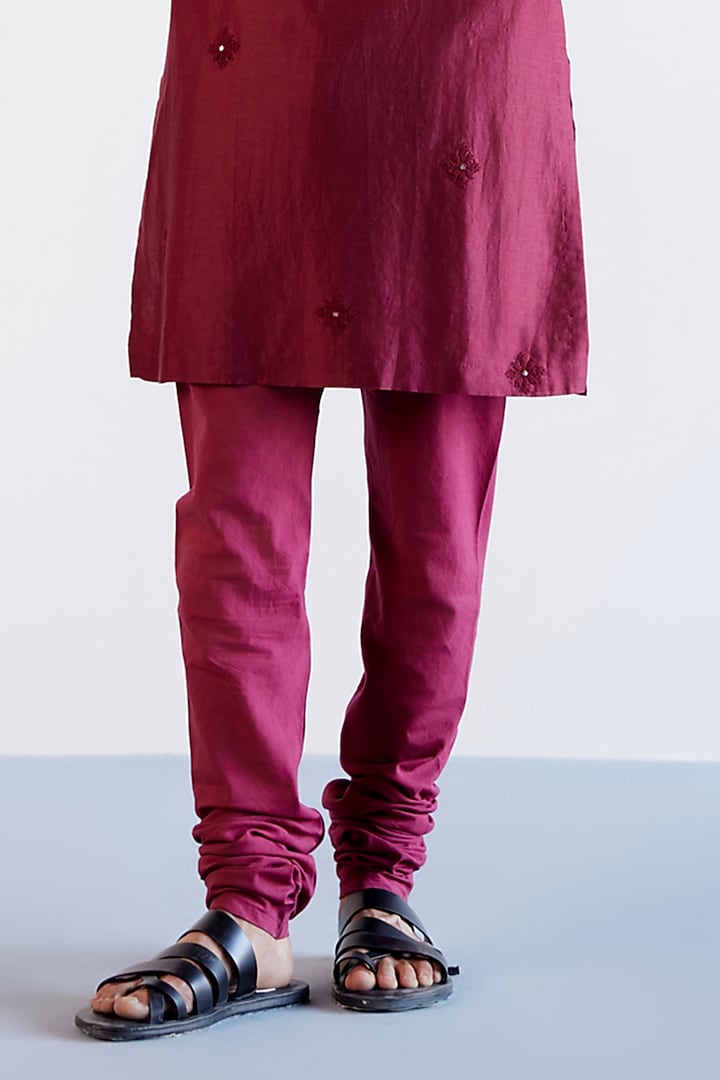 Maroon Silk Chanderi & Cotton Dori Embroidered Kurta Set by Devnaagri Men at Pernia's Pop Up Shop