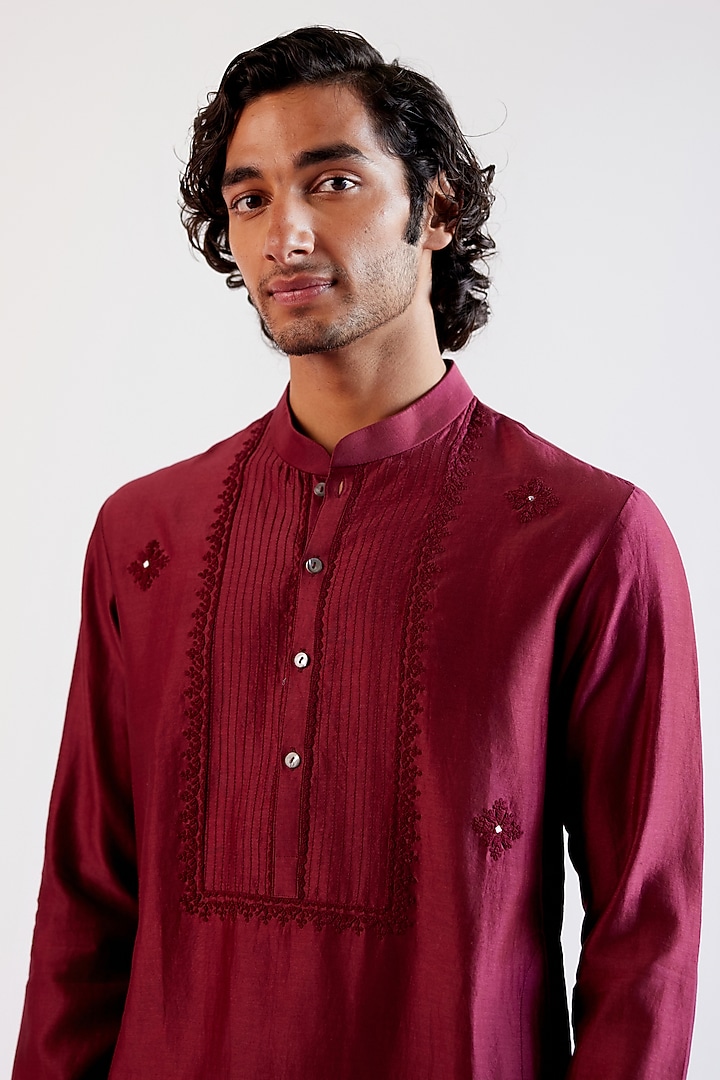 Maroon Silk Chanderi & Cotton Dori Embroidered Kurta Set by Devnaagri Men at Pernia's Pop Up Shop