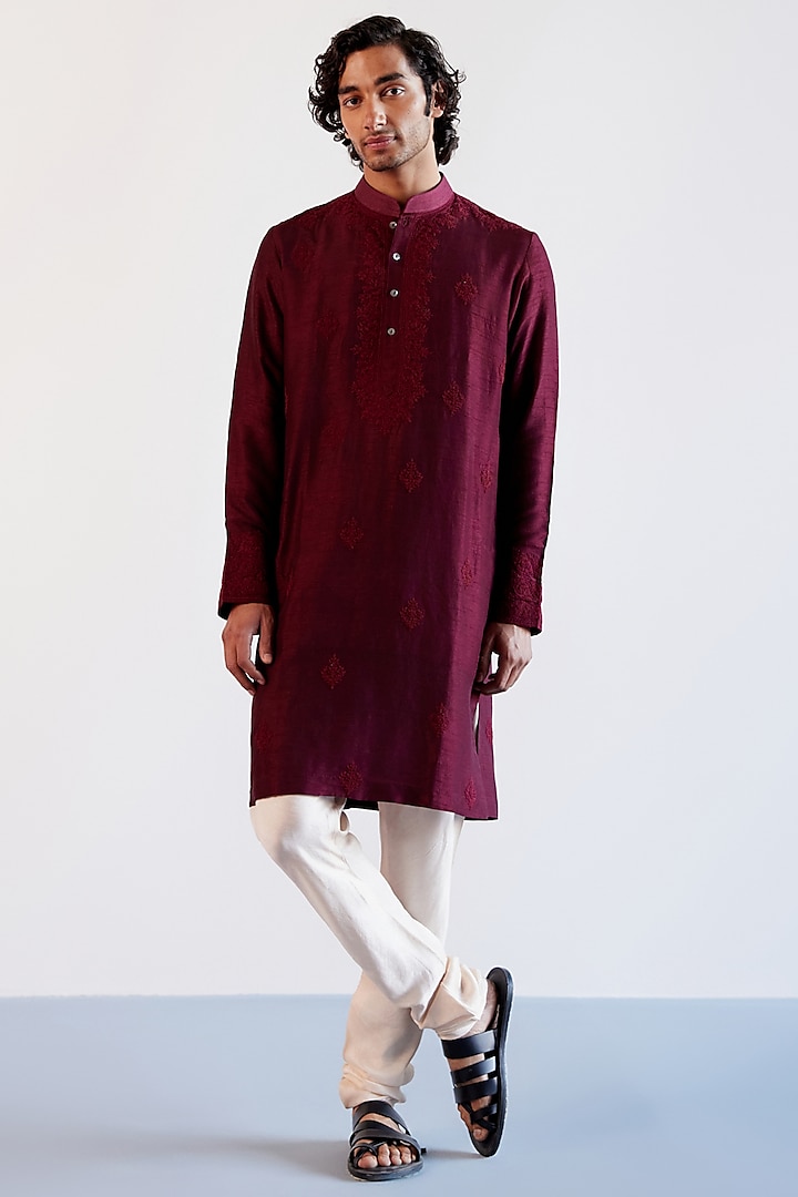 Maroon Tussar Silk Thread Embroidered Kurta Set by Devnaagri Men