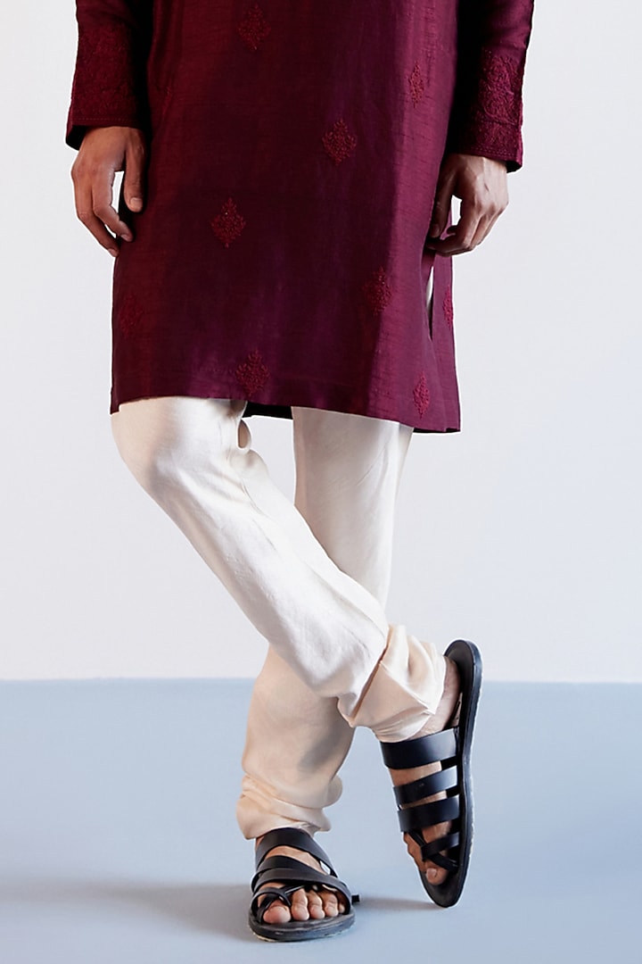 Maroon Tussar Silk Thread Embroidered Kurta Set by Devnaagri Men at Pernia's Pop Up Shop