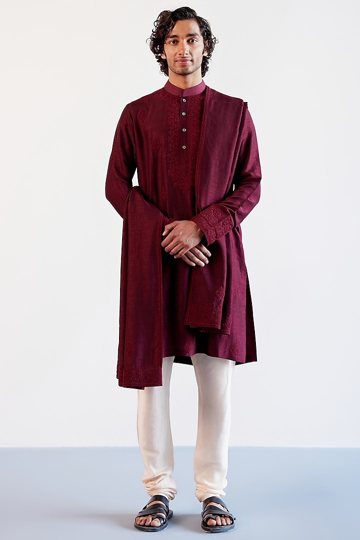 Maroon Tussar Silk Stole by Devnaagri Men