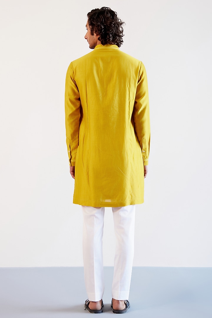 Mustard Silk Chanderi Dori Embroidered Kurta Set by Devnaagri Men at Pernia's Pop Up Shop