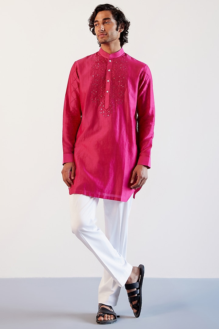 Fuchsia Pink Silk Chanderi Dori Embroidered Kurta Set by Devnaagri Men