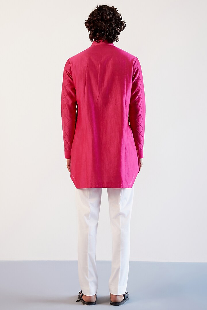 Fuchsia Pink Silk Chanderi Dori Embroidered Kurta Set by Devnaagri Men at Pernia's Pop Up Shop
