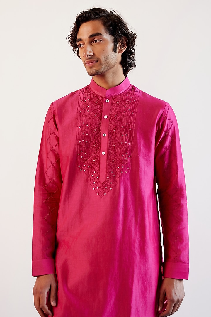 Fuchsia Pink Silk Chanderi Dori Embroidered Kurta Set by Devnaagri Men at Pernia's Pop Up Shop