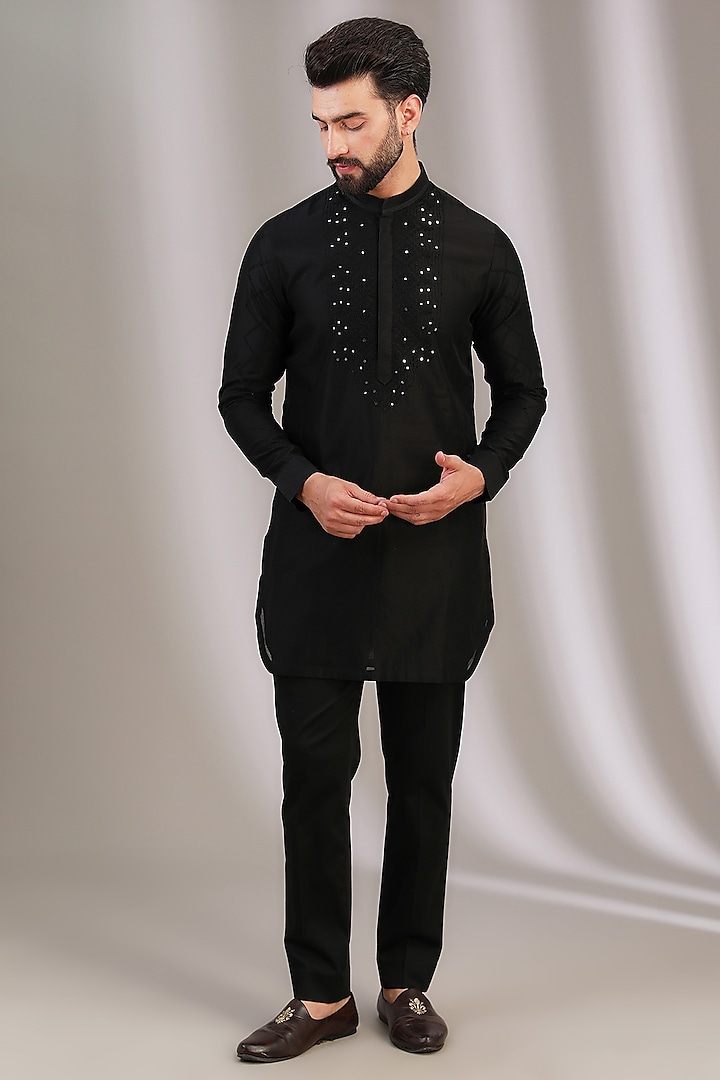 Black Silk Chanderi & Cotton Silk Blend Embroidered Kurta Set by Devnaagri Men