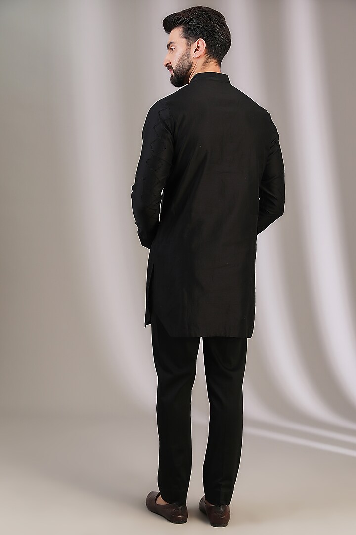 Black Silk Chanderi & Cotton Silk Blend Embroidered Kurta Set by Devnaagri Men at Pernia's Pop Up Shop