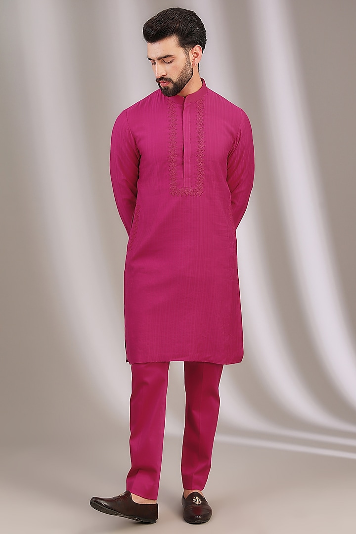 Pink Woven Chanderi & Cotton Silk Blend Embroidered Kurta Set by Devnaagri Men