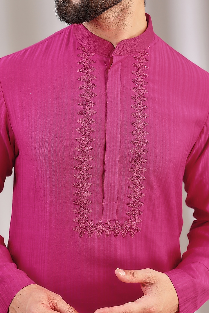 Pink Woven Chanderi & Cotton Silk Blend Embroidered Kurta Set by Devnaagri Men at Pernia's Pop Up Shop