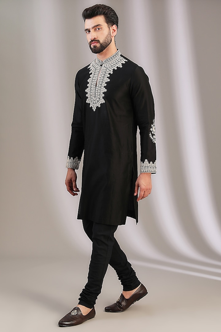 Black Chanderi & Cotton Embroidered Kurta Set by Devnaagri Men