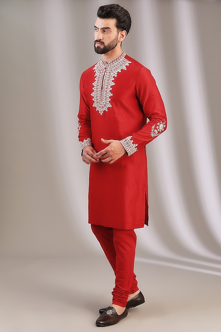 Red Chanderi & Cotton Embroidered Kurta Set by Devnaagri Men