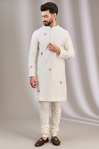 Ivory Silk Chanderi & Cotton Hand Painted Kurta Set by Devnaagri Men