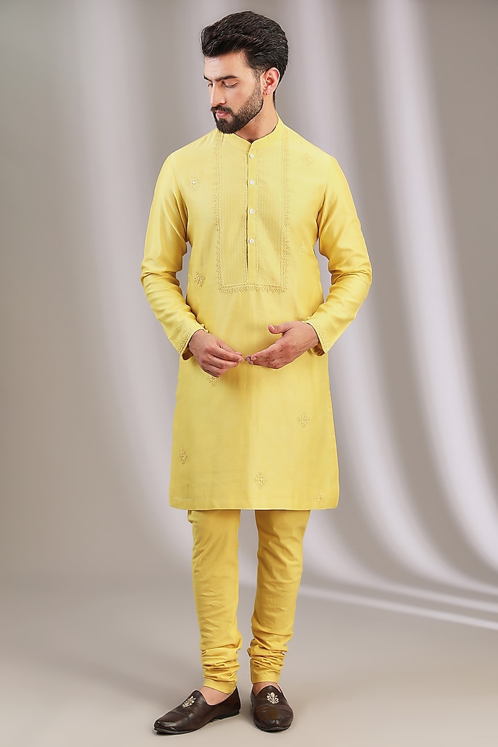 Yellow Silk Chanderi & Cotton Embroidered Kurta Set by Devnaagri Men