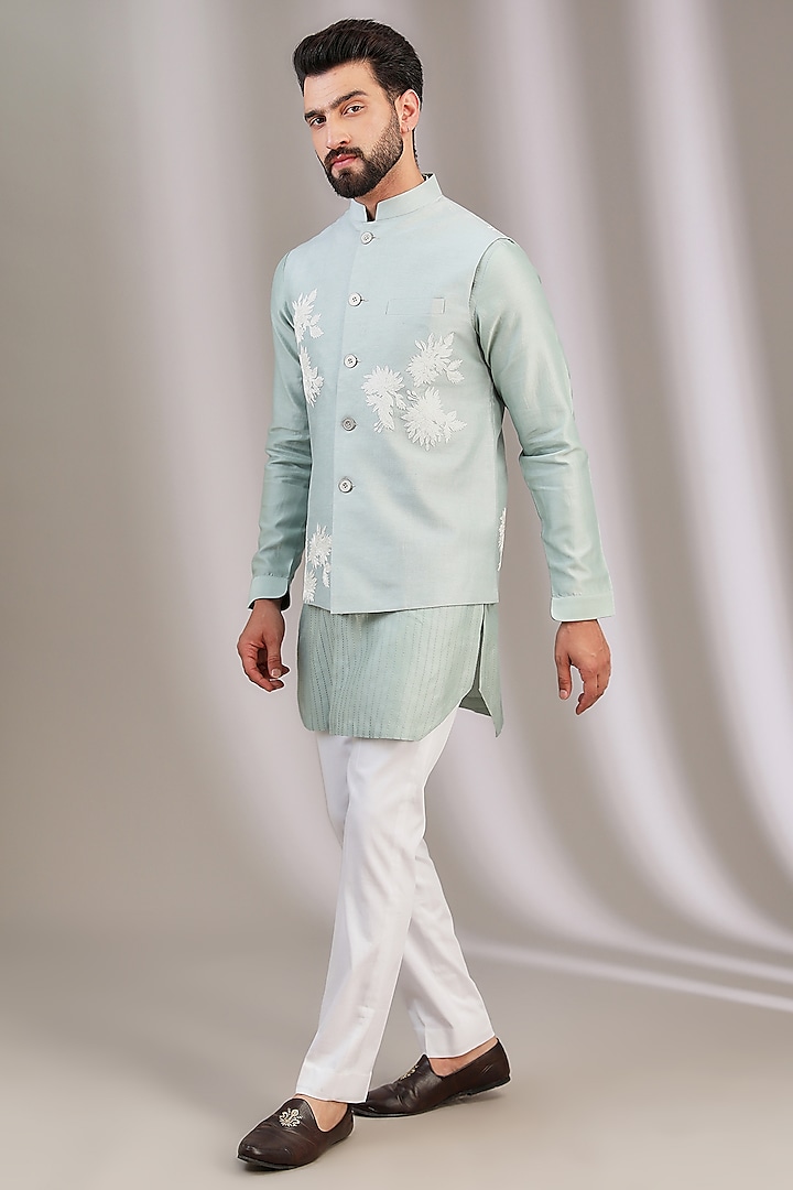 Sage Green Linen Satin Embroidered Bundi Jacket With Kurta Set by Devnaagri Men