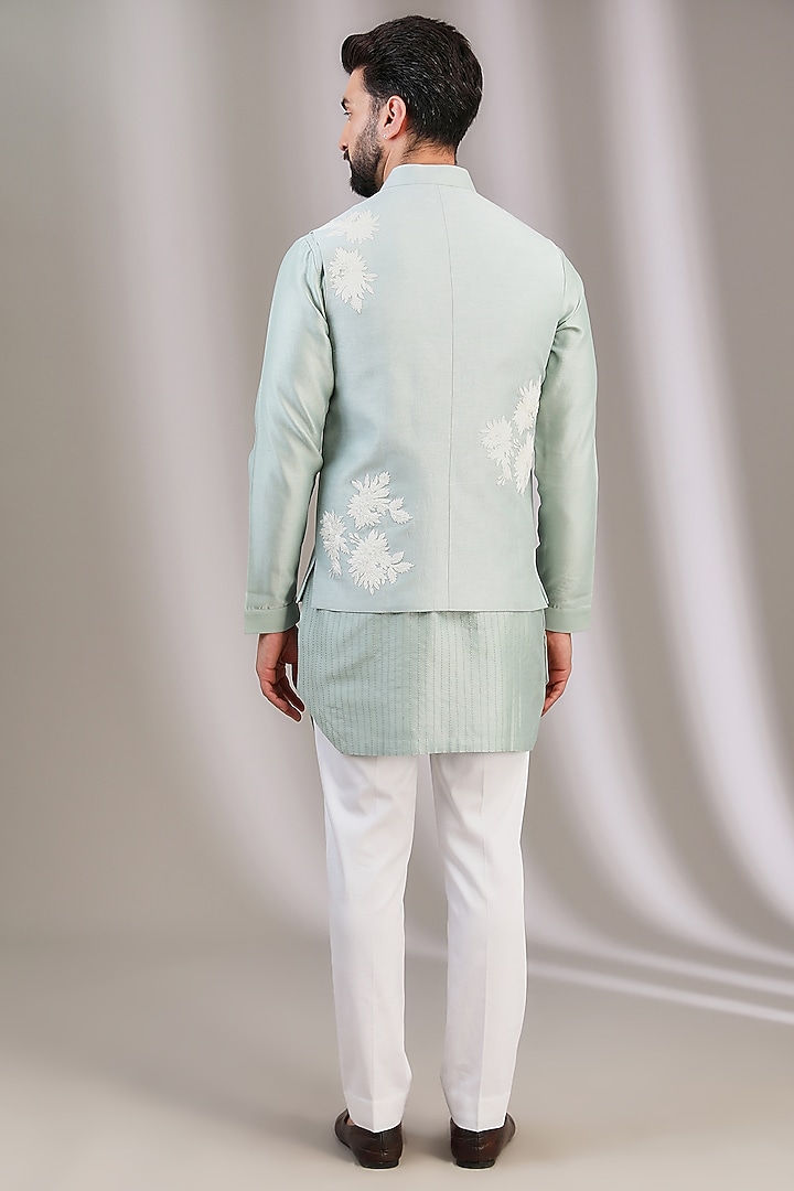 Sage Green Linen Satin Embroidered Bundi Jacket With Kurta Set by Devnaagri Men at Pernia's Pop Up Shop