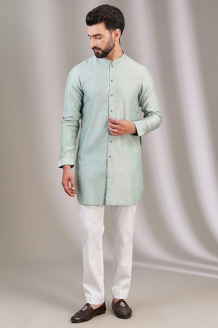 Sage Green Linen Satin Embroidered Bundi Jacket With Kurta Set by Devnaagri Men at Pernia's Pop Up Shop