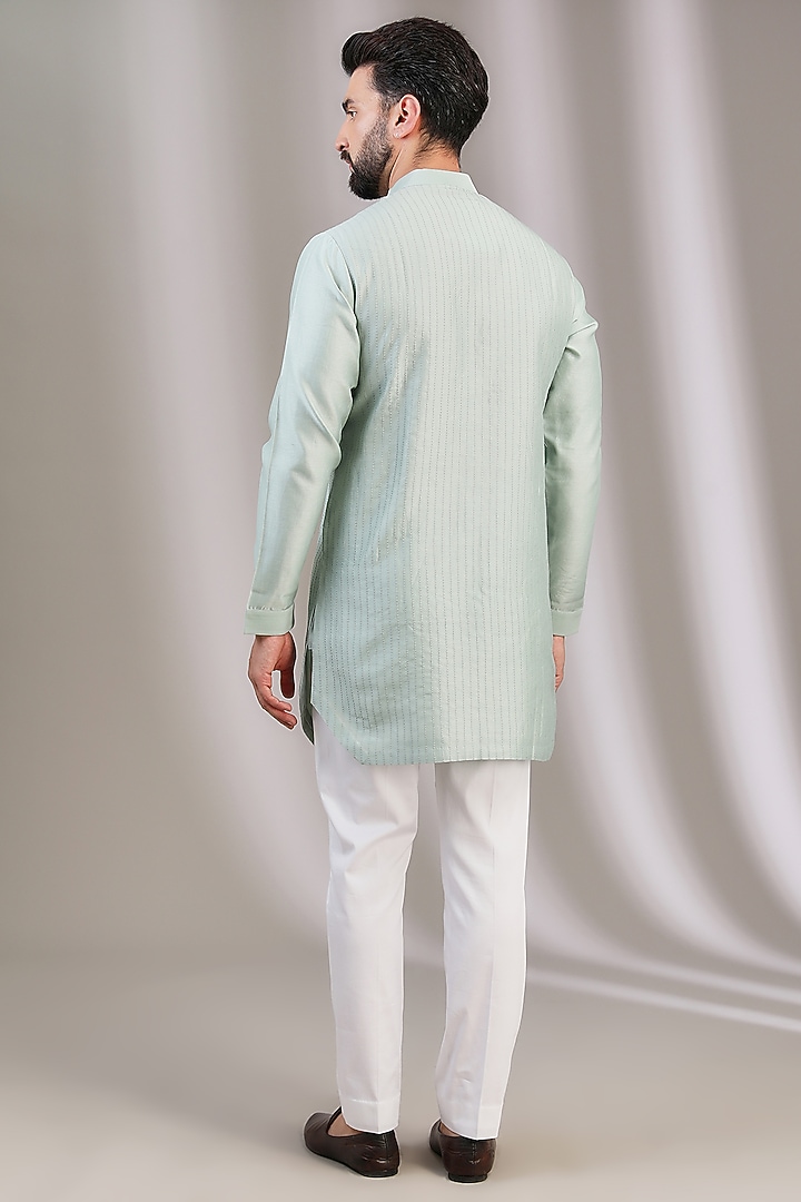Sage Green Linen Satin Embroidered Bundi Jacket With Kurta Set by Devnaagri Men at Pernia's Pop Up Shop