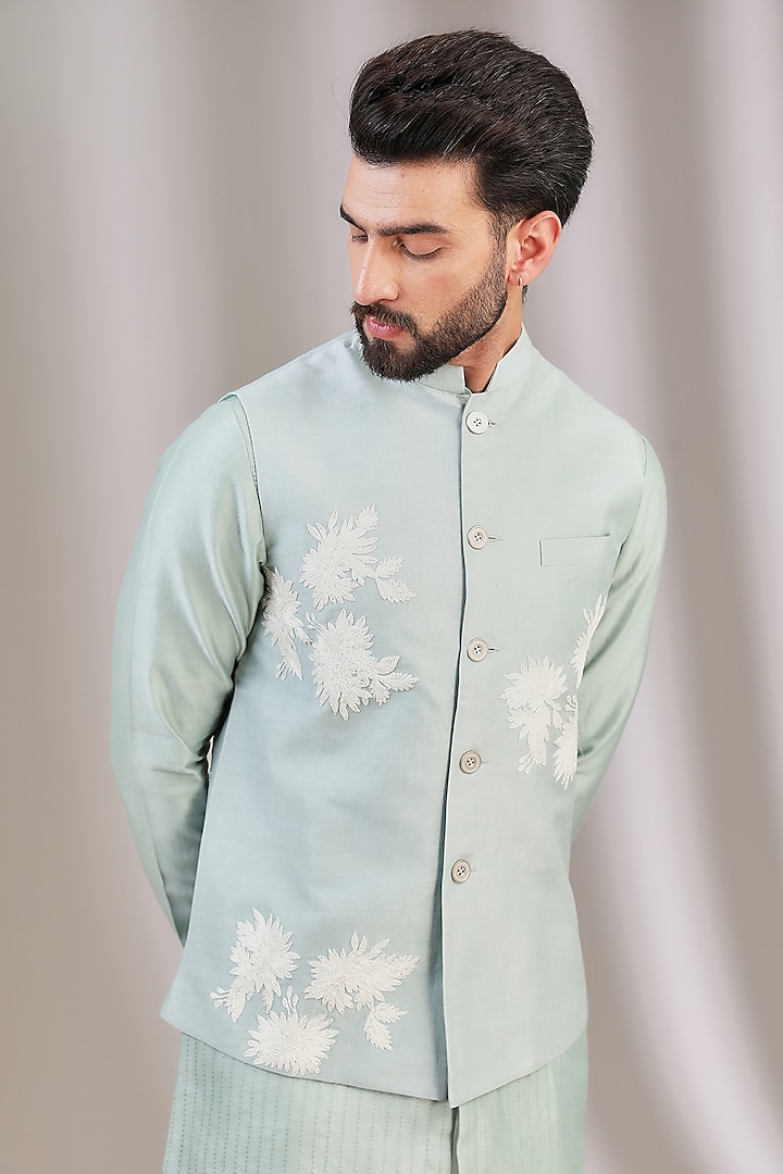 Sage Green Linen Satin Embroidered Bundi Jacket With Kurta Set by Devnaagri Men at Pernia's Pop Up Shop