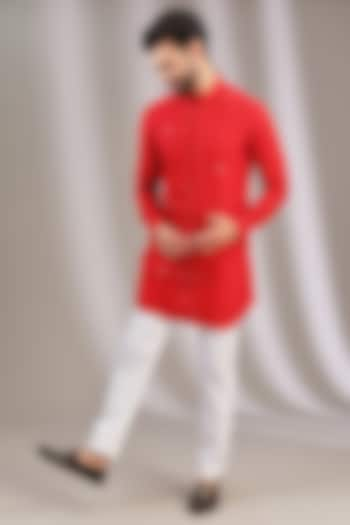 Red Cotton Silk Blend Embroidered Kurta Set by Devnaagri Men