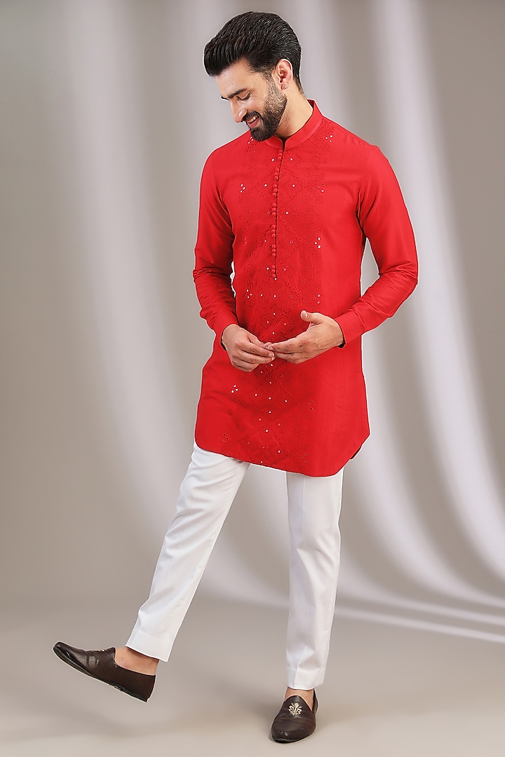 Red Cotton Silk Blend Embroidered Kurta Set by Devnaagri Men