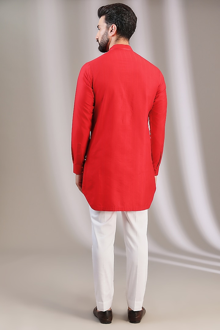 Red Cotton Silk Blend Embroidered Kurta Set by Devnaagri Men at Pernia's Pop Up Shop