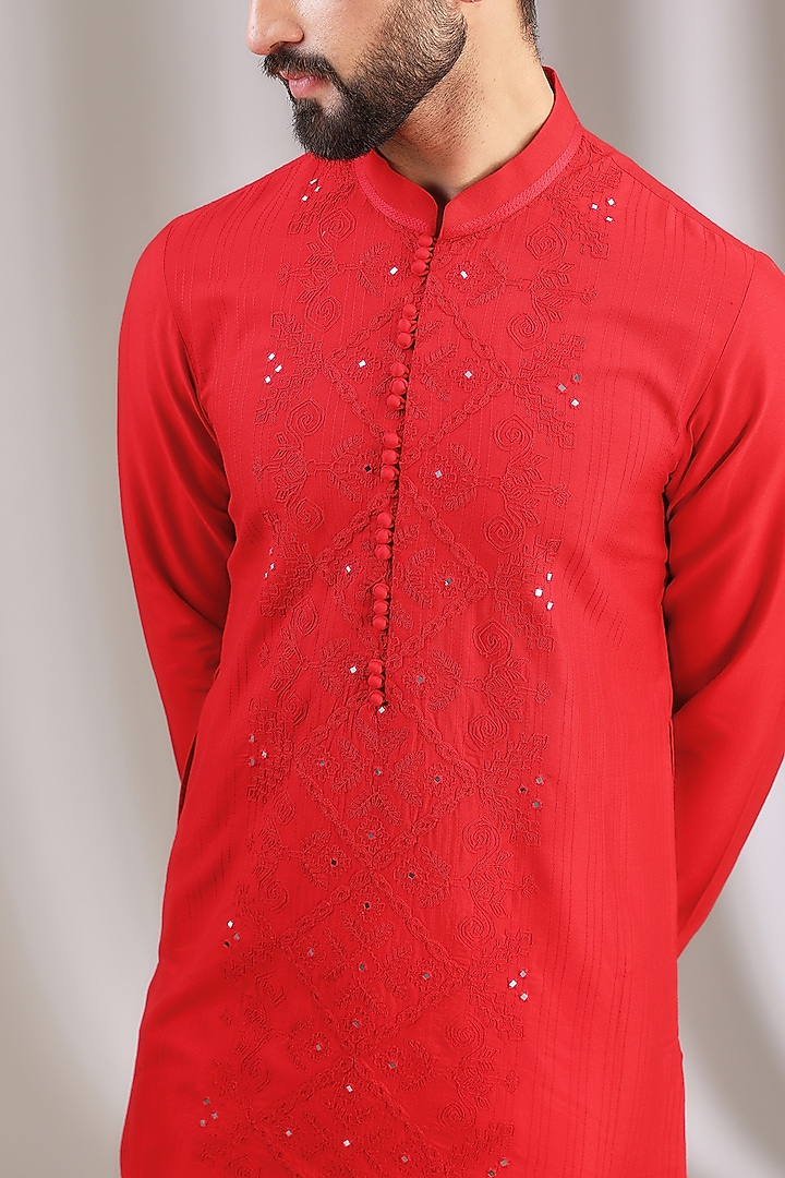 Red Cotton Silk Blend Embroidered Kurta Set by Devnaagri Men at Pernia's Pop Up Shop
