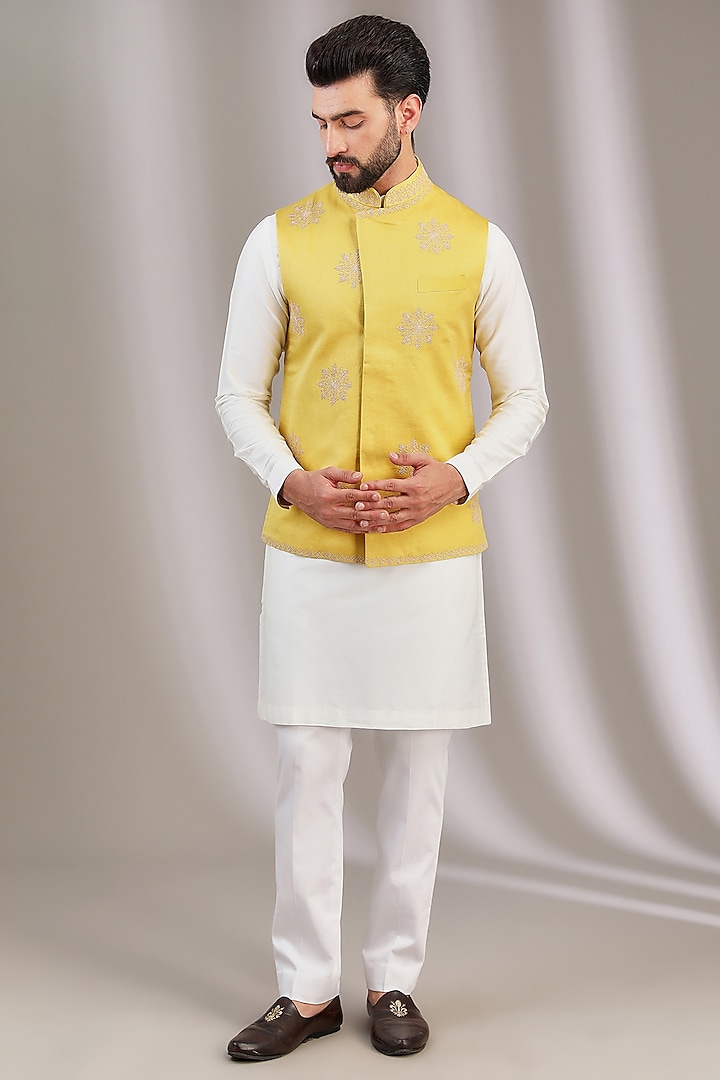 Lime Linen Satin Embroidered Bundi Jacket With Kurta Set by Devnaagri Men