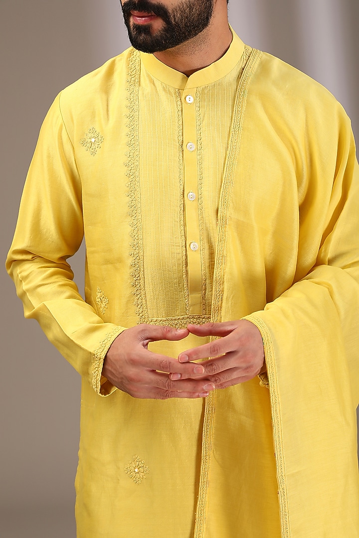 Yellow Chanderi Silk Embroidered Stole by Devnaagri Men at Pernia's Pop Up Shop