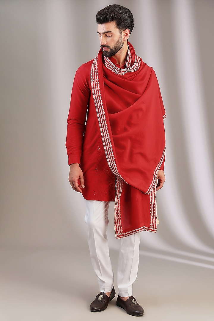 Red Chanderi Embroidered Stole by Devnaagri Men