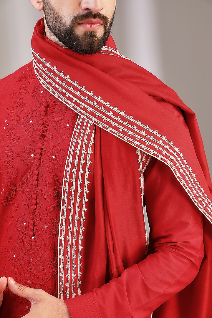 Red Chanderi Embroidered Stole by Devnaagri Men at Pernia's Pop Up Shop