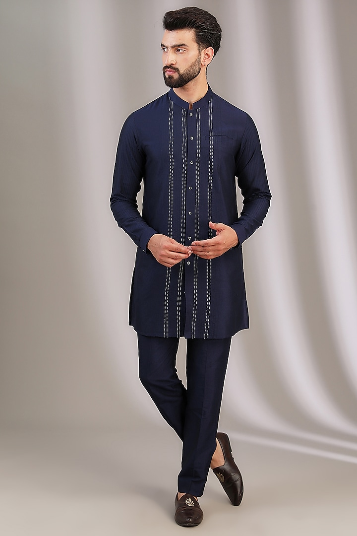 Navy Blue Cotton Silk Blend Embroidered Kurta Set by Devnaagri Men