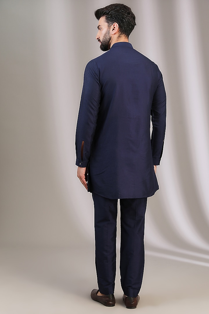 Navy Blue Cotton Silk Blend Embroidered Kurta Set by Devnaagri Men at Pernia's Pop Up Shop