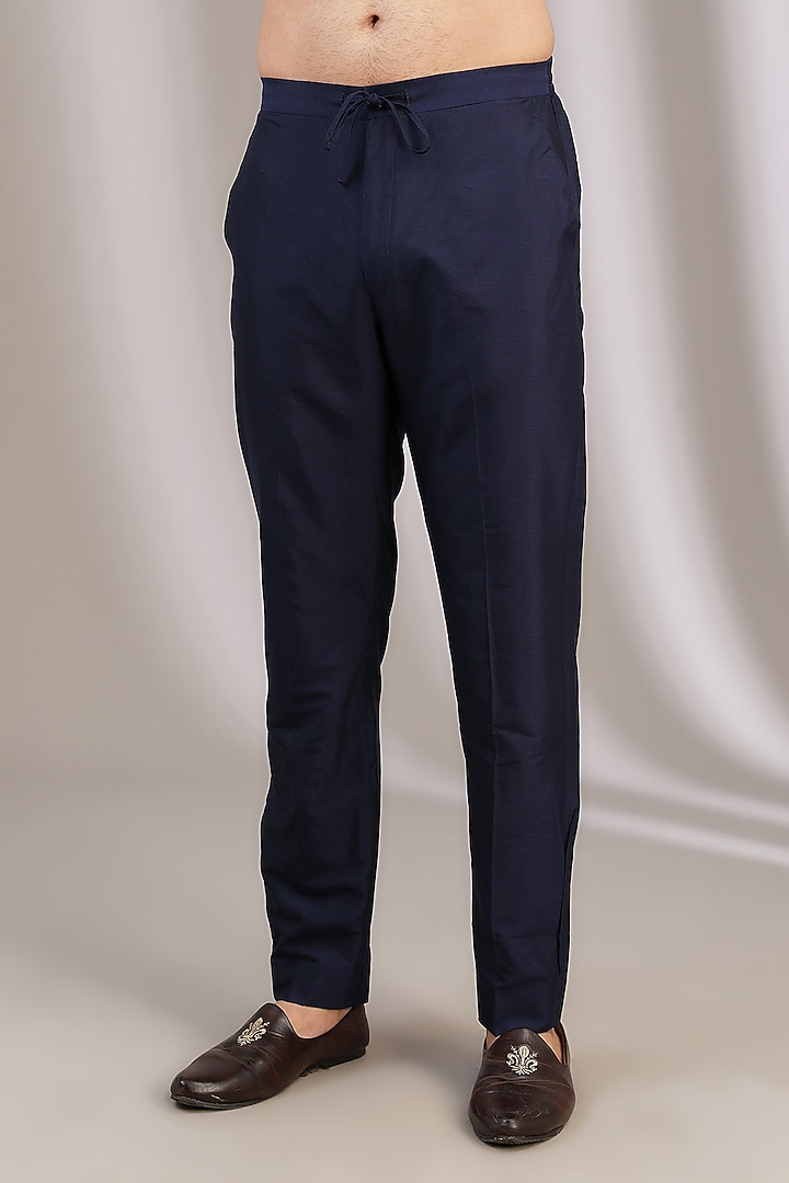 Navy Blue Cotton Silk Blend Embroidered Kurta Set by Devnaagri Men at Pernia's Pop Up Shop
