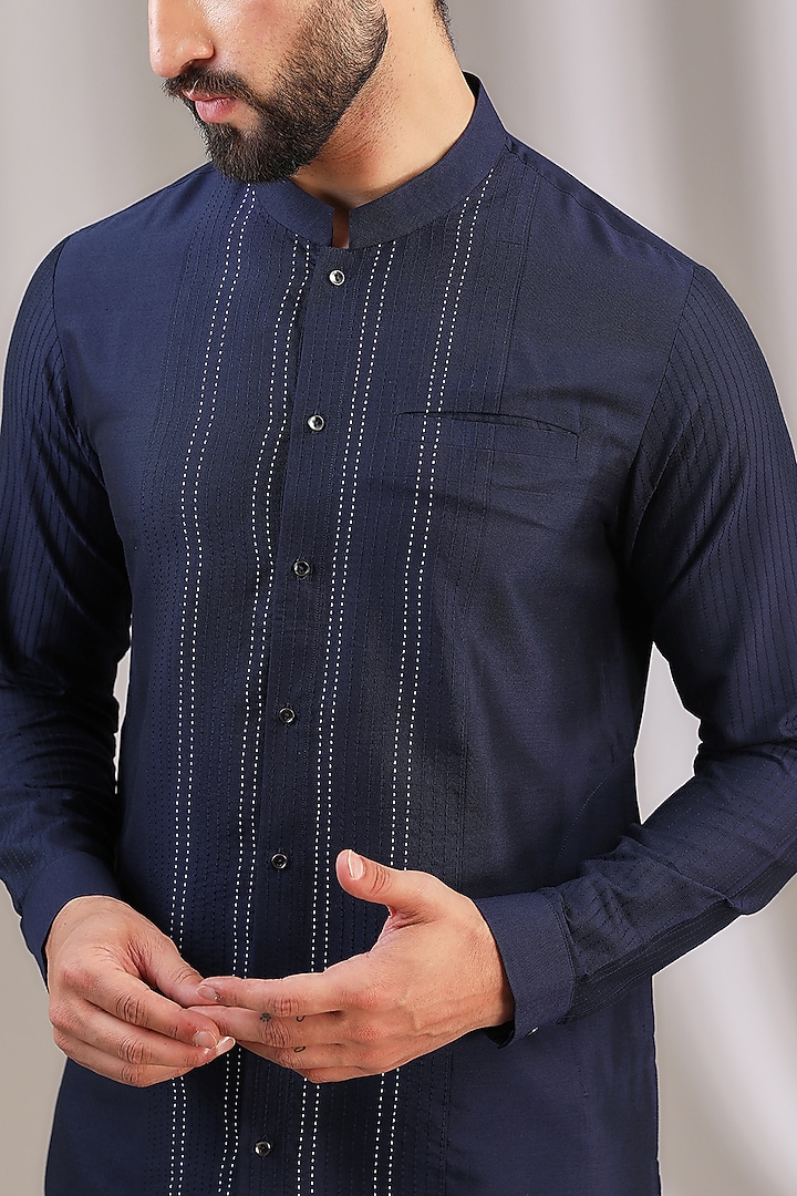 Navy Blue Cotton Silk Blend Embroidered Kurta Set by Devnaagri Men at Pernia's Pop Up Shop