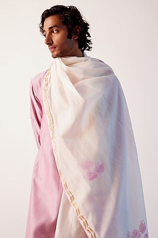 Ivory Silk Chanderi Hand Painted & Embroidered Stole by Devnaagri Men