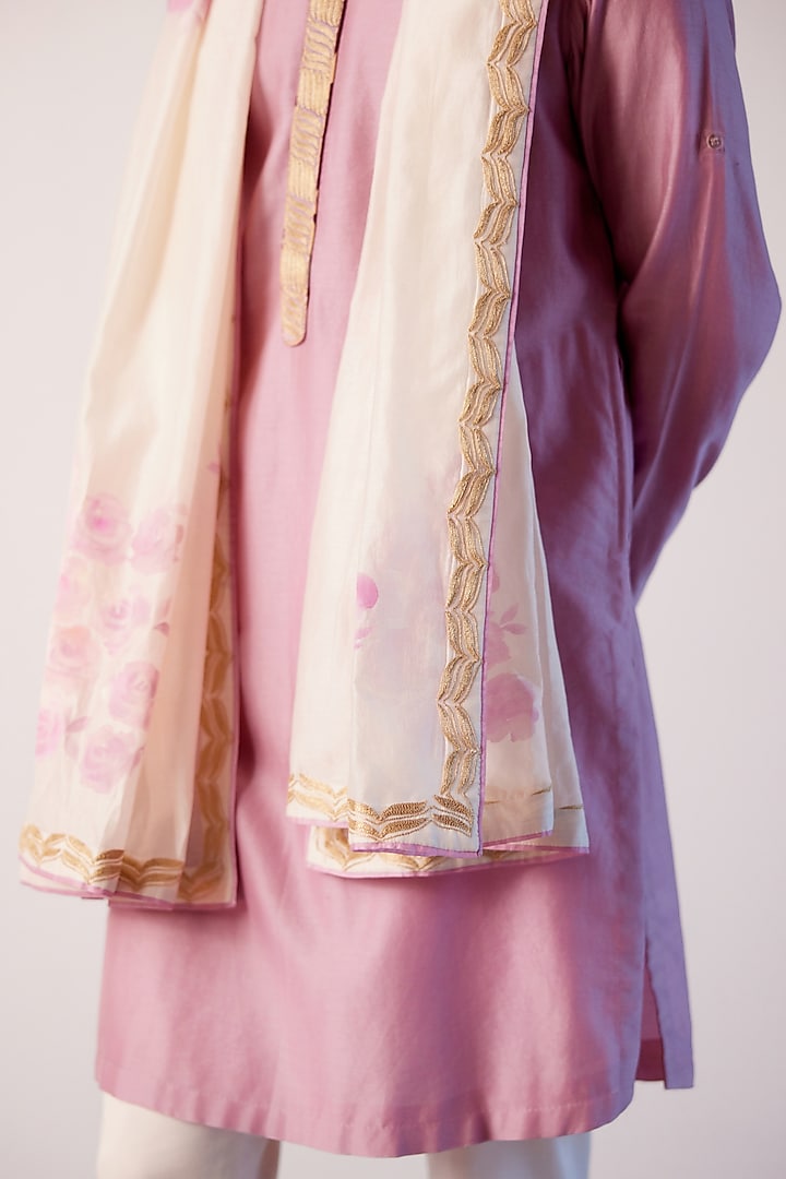 Ivory Silk Chanderi Hand Painted & Embroidered Stole by Devnaagri Men at Pernia's Pop Up Shop