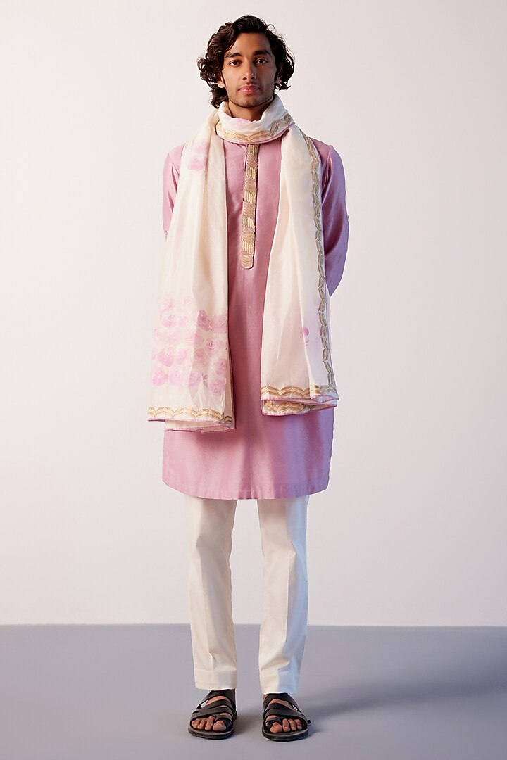 Ivory Silk Chanderi Hand Painted & Embroidered Stole by Devnaagri Men at Pernia's Pop Up Shop